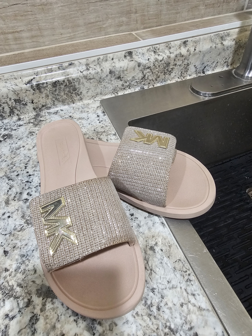 Michael Kors Blush Pink Slide Sandals with Gold MK Logo